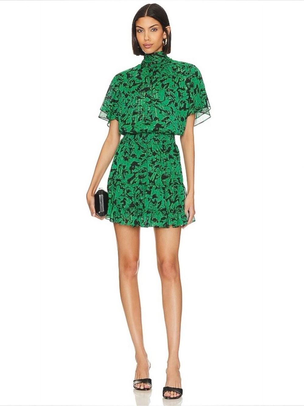 MISA Los Angeles Saffie Green Metallic Floral Boho Ruffle Mini Dress Small